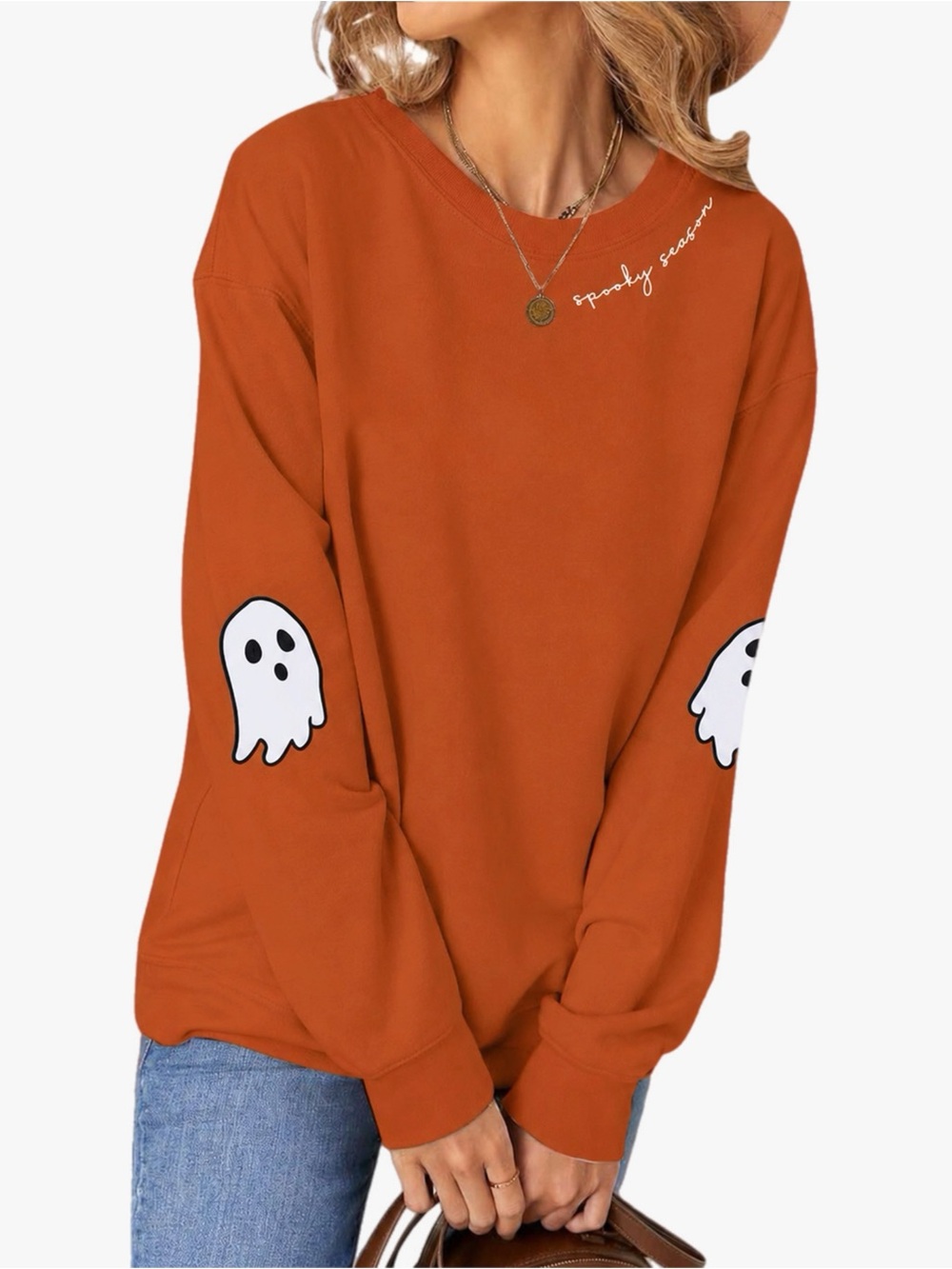 NEW Halloween Spooky Season Ghost Elbow Patch Crewneck Sweatshirt Plus Size 2X